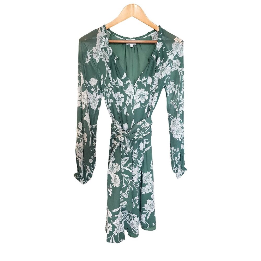 Witchery Women's Floral Wrap Dress Sz 8 Green & White Long Sleeve V-Neck Lined